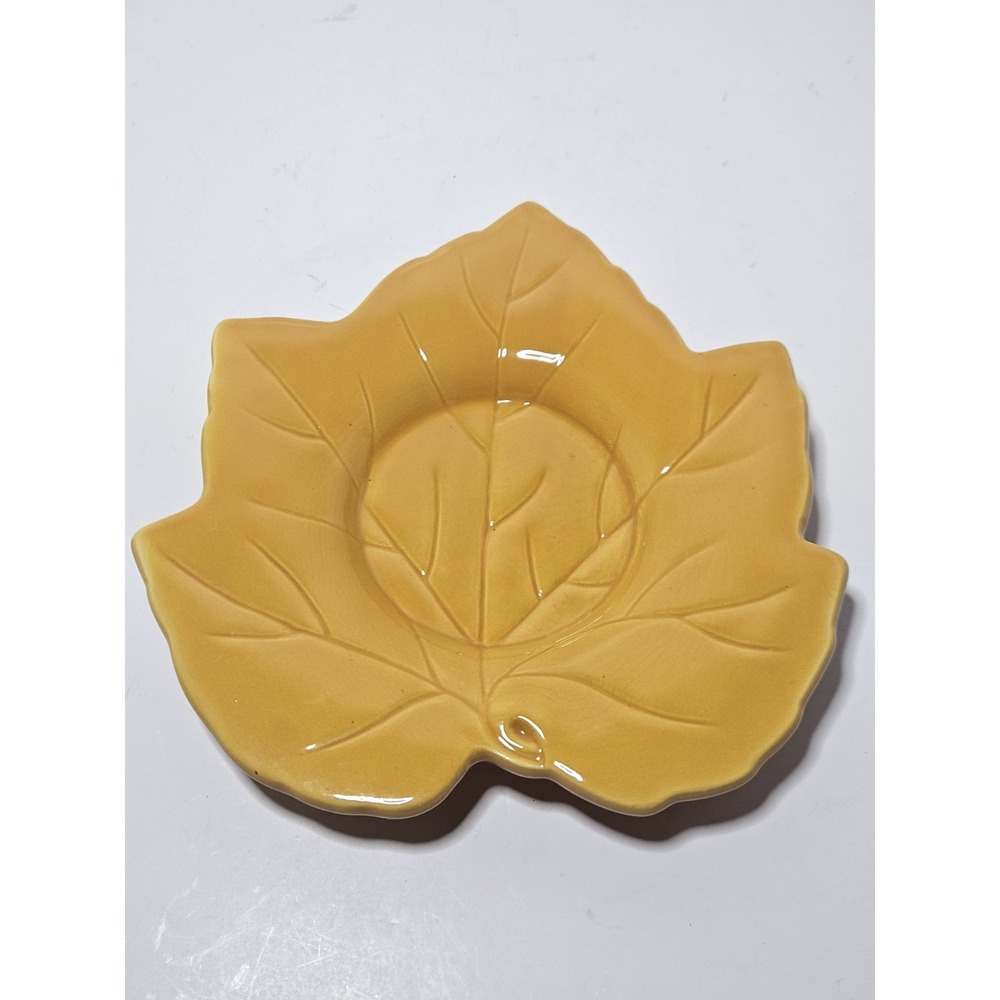 Hallmark Autumn Maple Leaf Candle Holder Plate Gold Ceramic 6" Harvest Votive